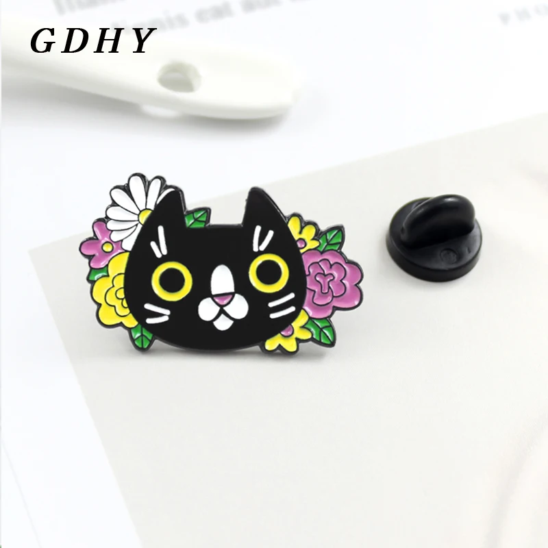 GDHY черная кошка Красочные цветы брошь мультфильм Черные Животные эмалевые