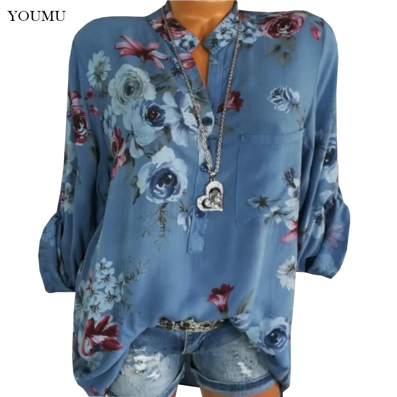 

Women Chiffon Floral Printed Shirt V-neck Long Sleeve Button Blouse Plus Size S-5XL Tops Summer Streetwear Fashion 224-192