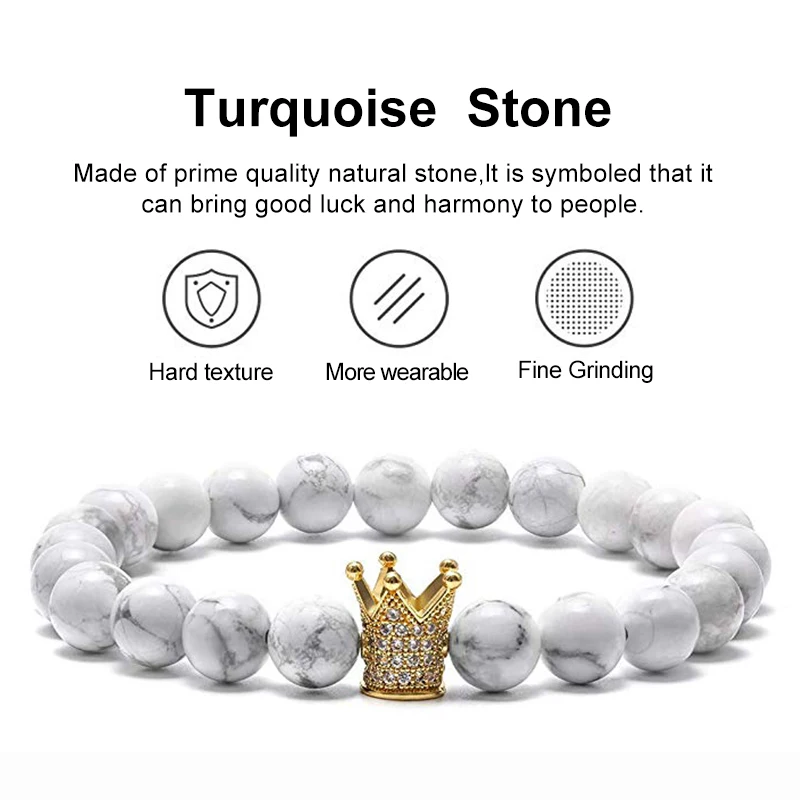 HIYONG 8 мм черный матовый белый Howlite Парные браслеты CZ Корона Король Королева натуральный камень Бусины Браслеты Шарм расстояние браслет