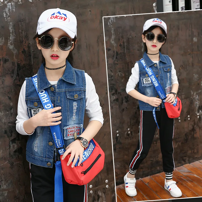 Girls Casual Cartoon Denim Vests Waistcoats Autumn Children Printed Fashion Vest Girl Jeans Outdoor Waistcoat