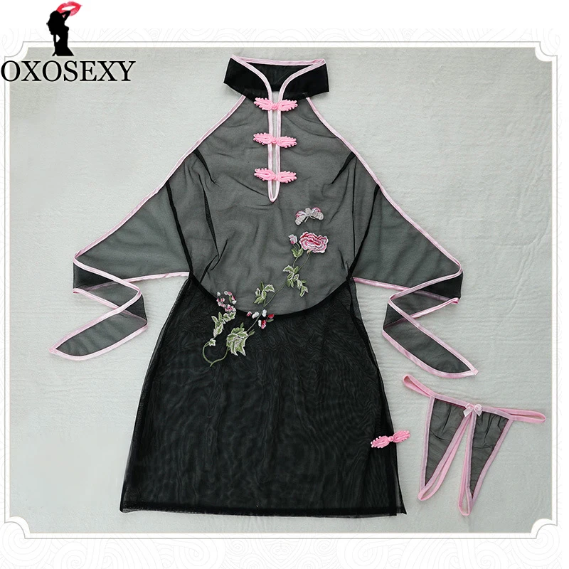 Сексуальный женский Чонсам с открытой спиной и вышивкой черного розового цвета