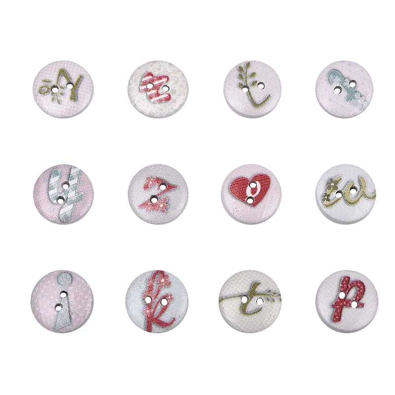50Pcs 2 Holes Princess Cat Heart Robot Printed Wooden Button Round 15mm Decorative Wood Buttons For Clothing Sewing Decoration