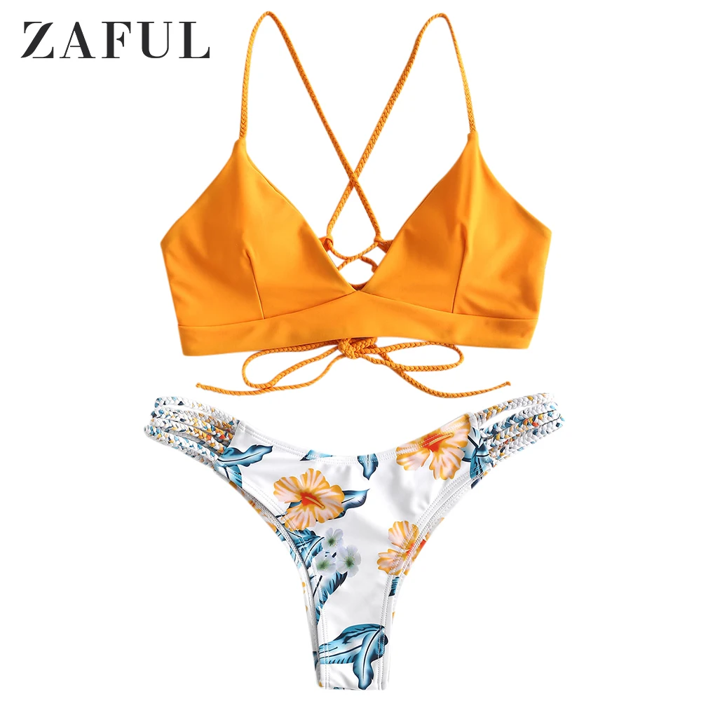 ZAFUL Плетеный Ремешок Цветочный Набор Бикини Спагетти Ремни Провода Бесплатно зашнуровать Низкий Эластичный Талия Купальник Женщины Лето 2 Шт. Наборы - Цвет: Bright Yellow
