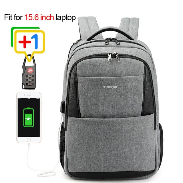 Tigernu для мужчин рюкзак Anti theft зарядка через usb 15," Сумка для ноутбука женский рюкзак мужской мода рюкзак для студентов и школьников - Цвет: Grey