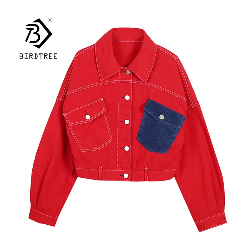 New Arrival Women Contrast Color Denim Jacket Full Batwing Sleeve Turn-down Collar Corduroy Patchwork Loose Short Jean Coat C946 | Женская