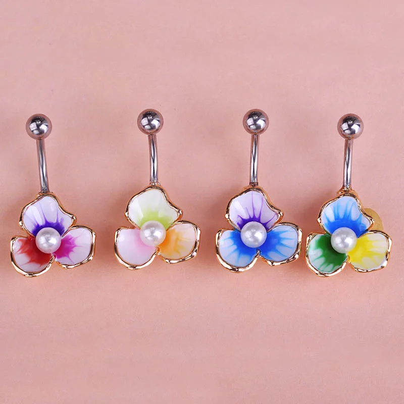 Оптовая продажа эмалированные жемчужные кольца для пупка золотого цвета цветок