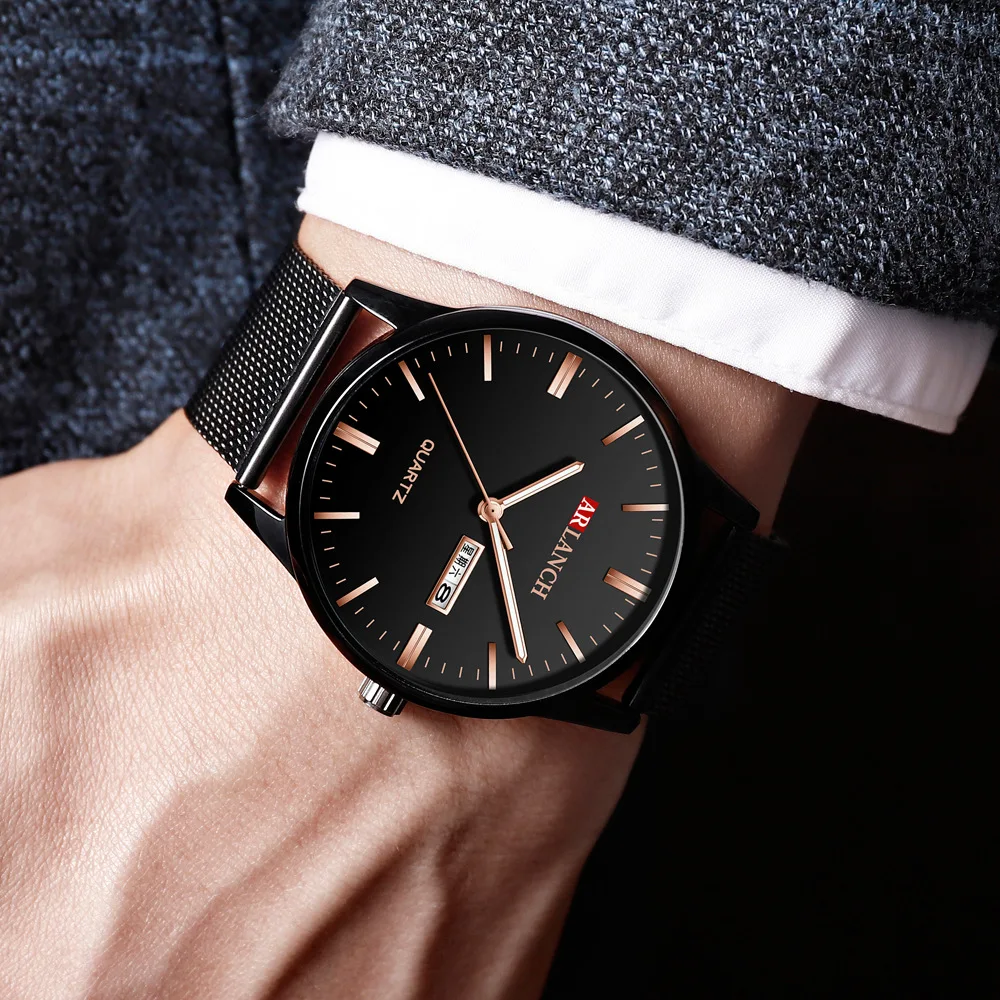 Men's Week Calendar Double Display Quartz Waterproof Watches Stainless Steel Net Belt Business Wristwatch Relogio Masculino | Наручные