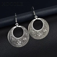 hocole hollowed circle tassel drop earrings ethnic flower carved big statement hook hanging earring for women party jewelry gift