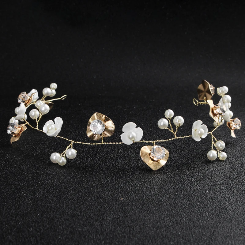 Luxury Handmad Gold Alloy Leaves Crystal Bridal Headband Headpiece Women's Pearl Flower Tiara Hair Vine Wedding Accessories | Украшения