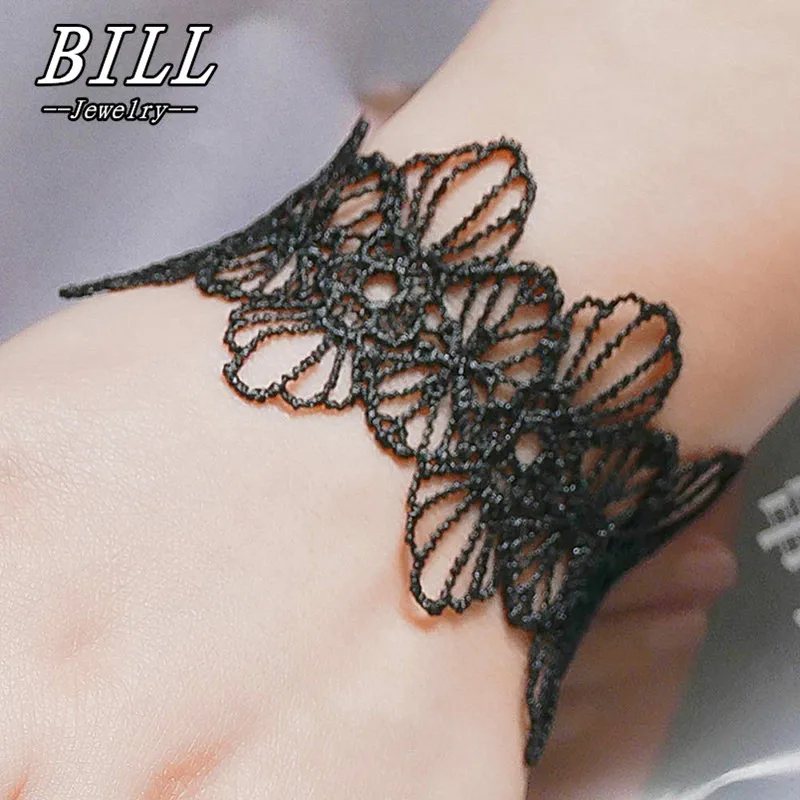 SL230 Кружева полые цветок браслеты и Винтаж Панк Черный Pulseiras женский браслет
