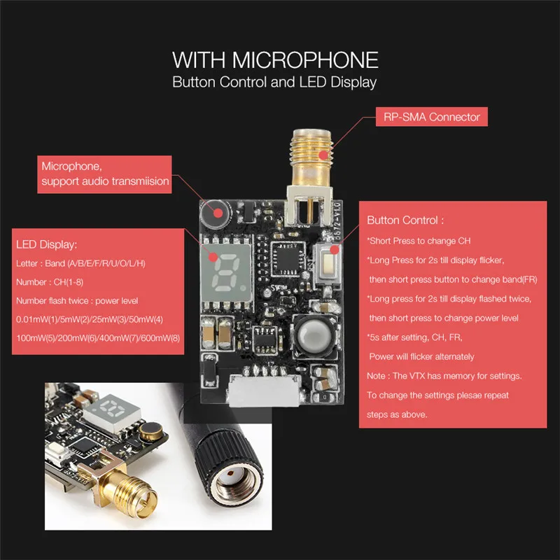 Eachine TX801 5,8G 72CH 0,01 мВт 5 мВт 25 мВт 50 мВт 100 мВт 200 мВт 400 МВт 600 мВт Переключатель AV VTX FPV передатчик для FPV квадрокоптера дрона