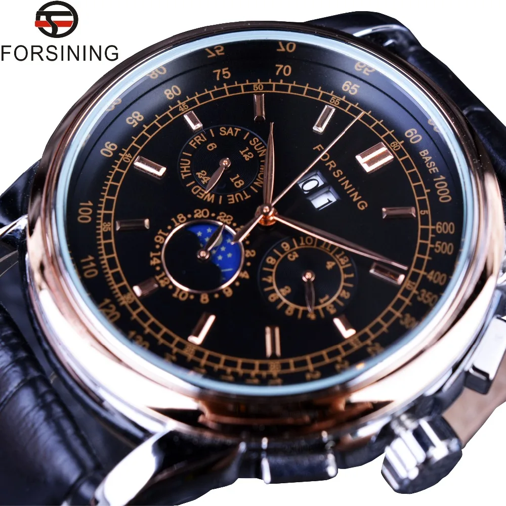 

Forsining 2016 Moon Phase Shanghai Movement Calendar Design Rose Gold Genuine Leather Men Watch Top Brand Luxury Automatic Watch