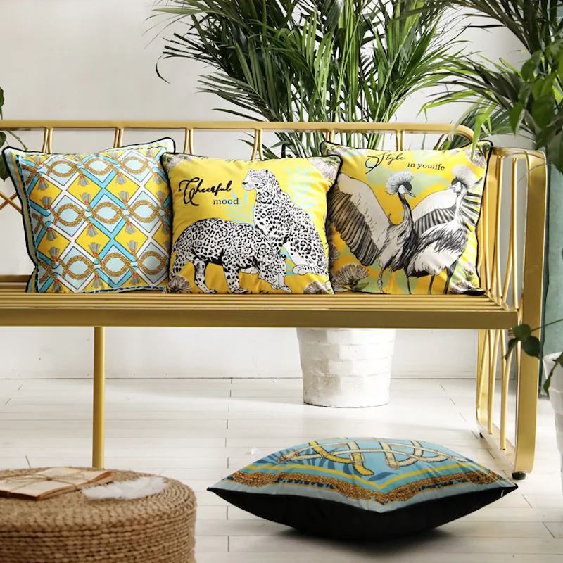 DUNXDECO Cushion Cover Decorative Pillow Case Island Vocation Tropical Leopard Crowned Cranes Modern Luxury Coussin Decorating
