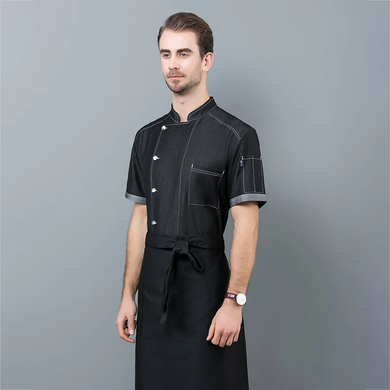 Унисекс высокого качества стрейч деним короткий рукав поварская рубашка Летний Ресторан Еда обслуживание Кафе Отель кухня форма для повара
