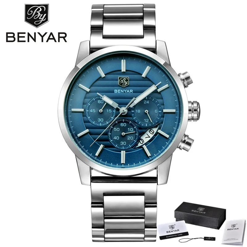 BY510407 with box BENYAR мужские часы с хронографом водонепроницаемые спортивные мужские наручные часы из натуральной кожи Топ брендовые Роскошные военные армейские часы 5104 - Цвет: BY510407 with box