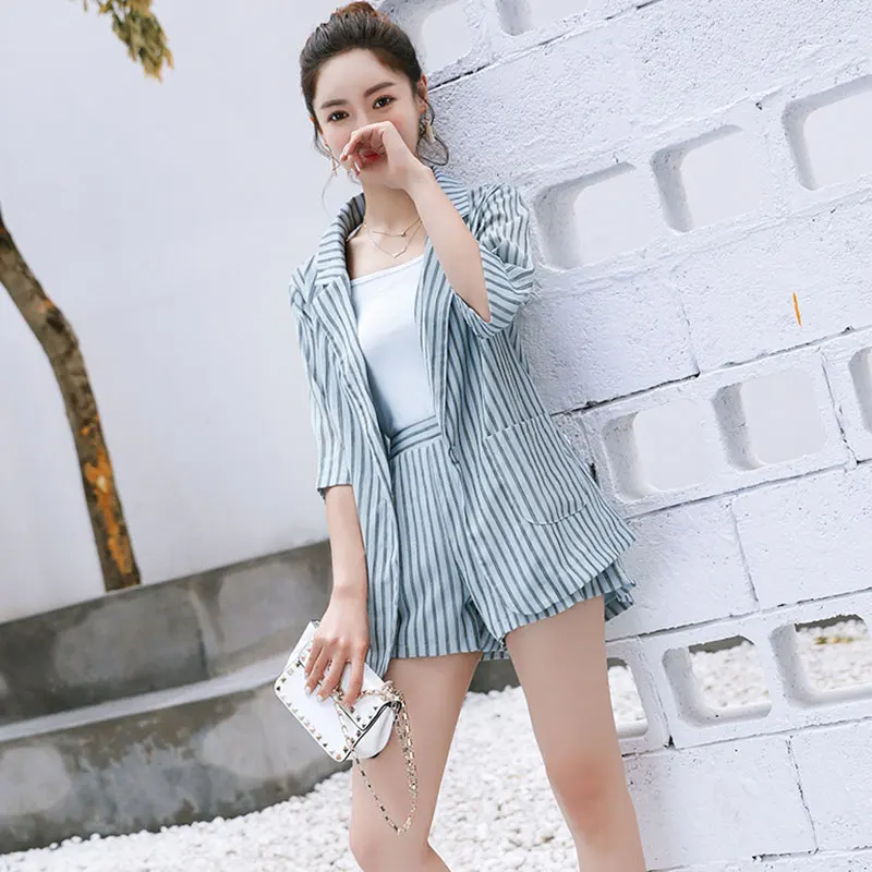 Женский Летний полосатый костюм для работы два комплекта короткие костюмы