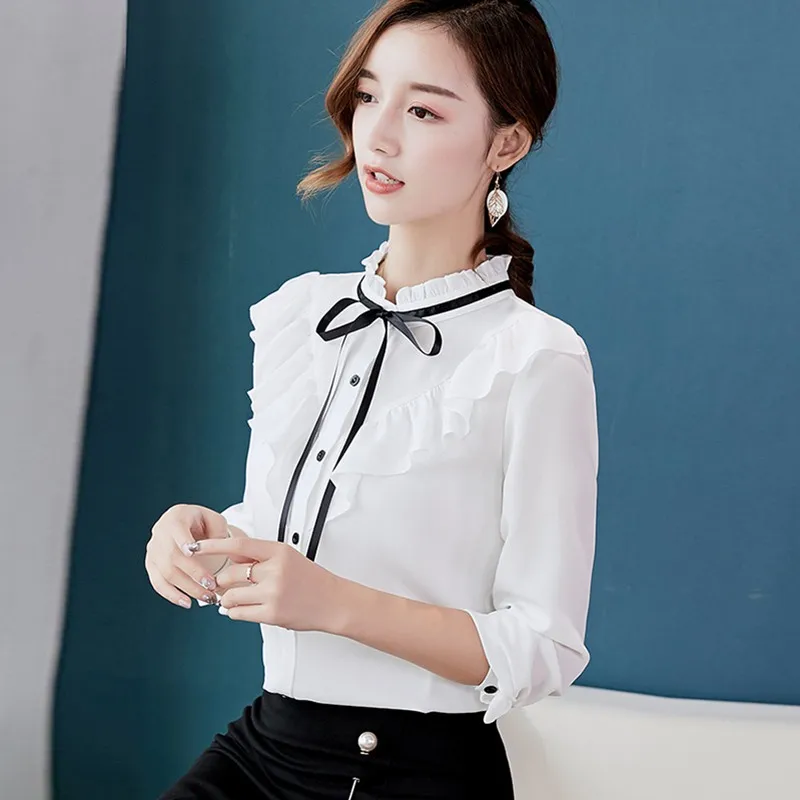 

Slim Chiffon Blouse Elegant Women Tops Long Sleeve Shirt Ruffles Women White Shirt
