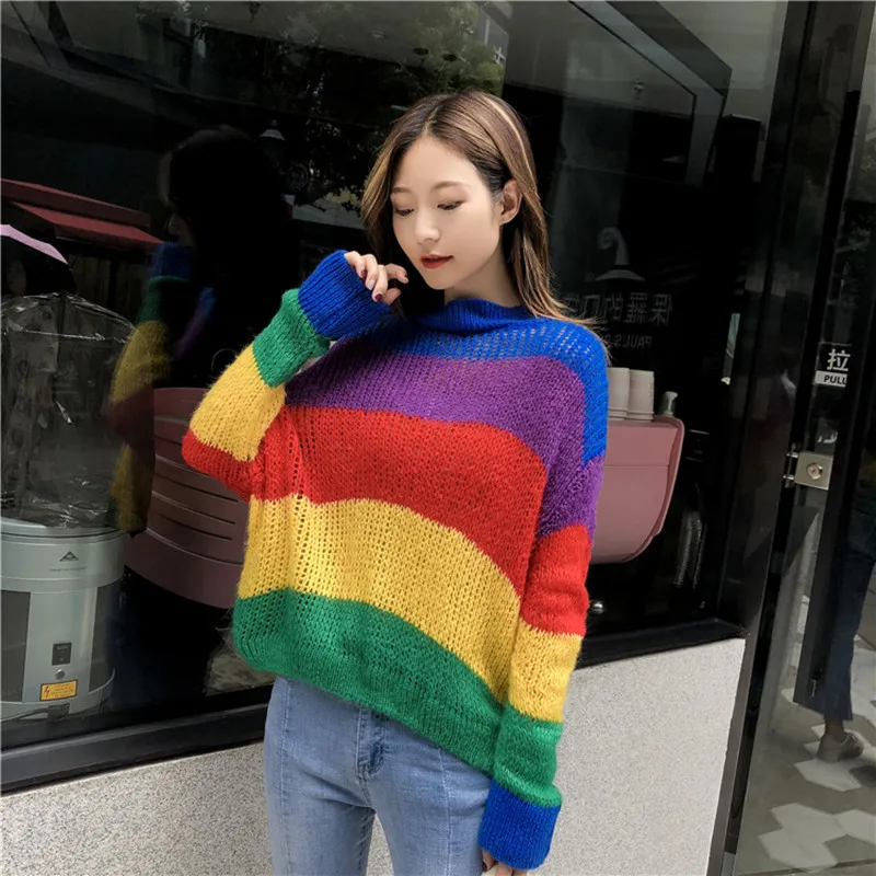 Danjeaner Womens Sweaters 2018 Winter Fashion Rainbow Striped Turtleneck Pullovers Knitted Jumpers Streetwear Oversized | Женская одежда