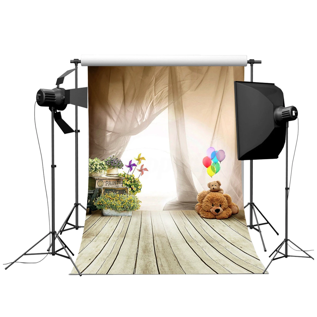 5x7ft винил фон фотографии медведь цветок окна пол стены Studio Задний план |