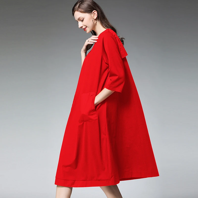 Женское свободное платье с большим карманом повседневное цельнокроеное