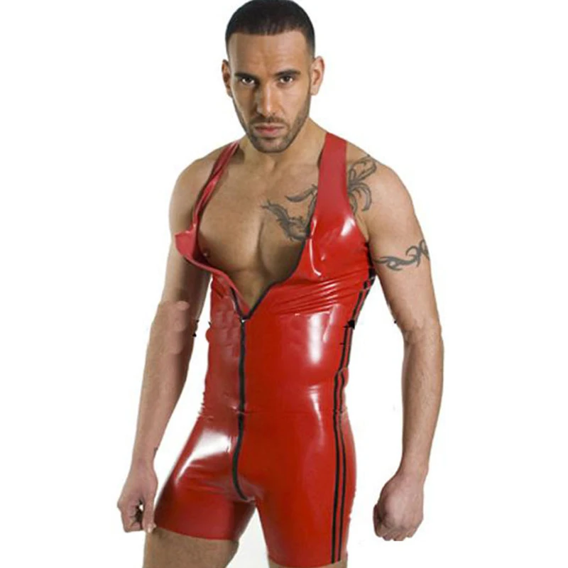 

Sexy Onesies For Men PVC Leather Zipper Wetlook Bodysuit Red Sleeveless Zip To Crotch Gay Lingerie Catsuit Leotards