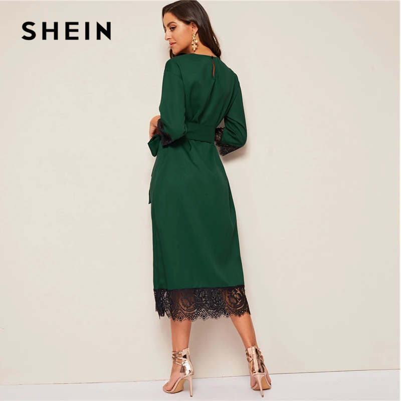 SHEIN стильный абайя зеленый ресницы кружева подол поясом длинное платье-туника Женские Элегантные Твердые Лето Осень офисные женские прямые платья