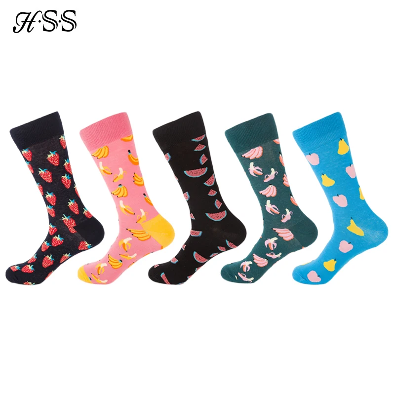 

HSS Brand 5Pairs/lot Men's Cotton Happy Socks Funny Combed Colorful fruit Pattern Long Sock Skateboard Casual Socks for Men