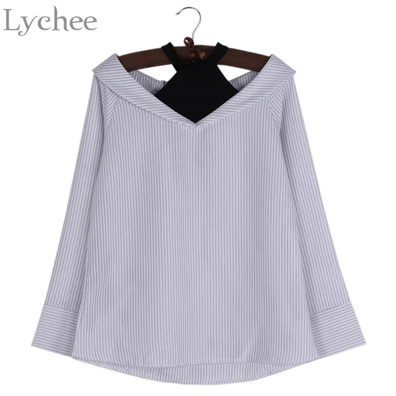 Lychee Spring Autumn Women Blouse Stripe Fake Two Pieces Halter Off Shoulder Casual Loose Long Sleeve Shirt | Женская одежда