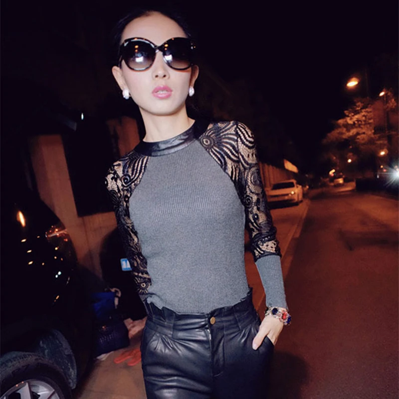 Модная женская кружевная ажурная тонкая трикотажная одежда с длинным рукавом