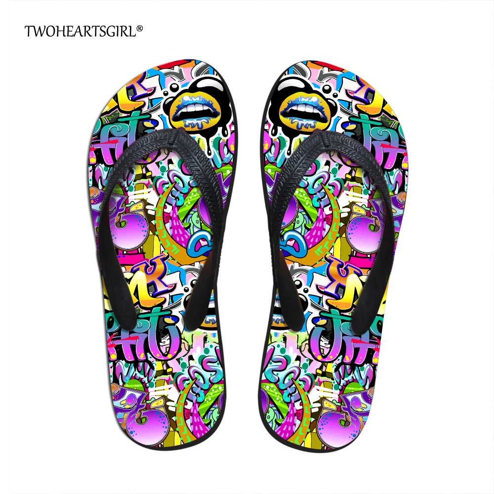 

Twoheartsgirl Colorful Graffiti Flip Flops for Women Flat Ladies Home Flip-flops Printing Summer Beach Slippers Femme Shoes