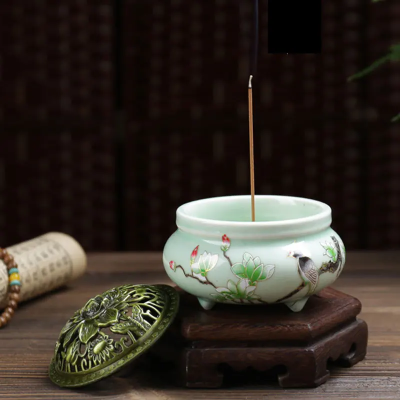 Керамическая курильница для благовоний подставка с бронзовым чехлом в виде