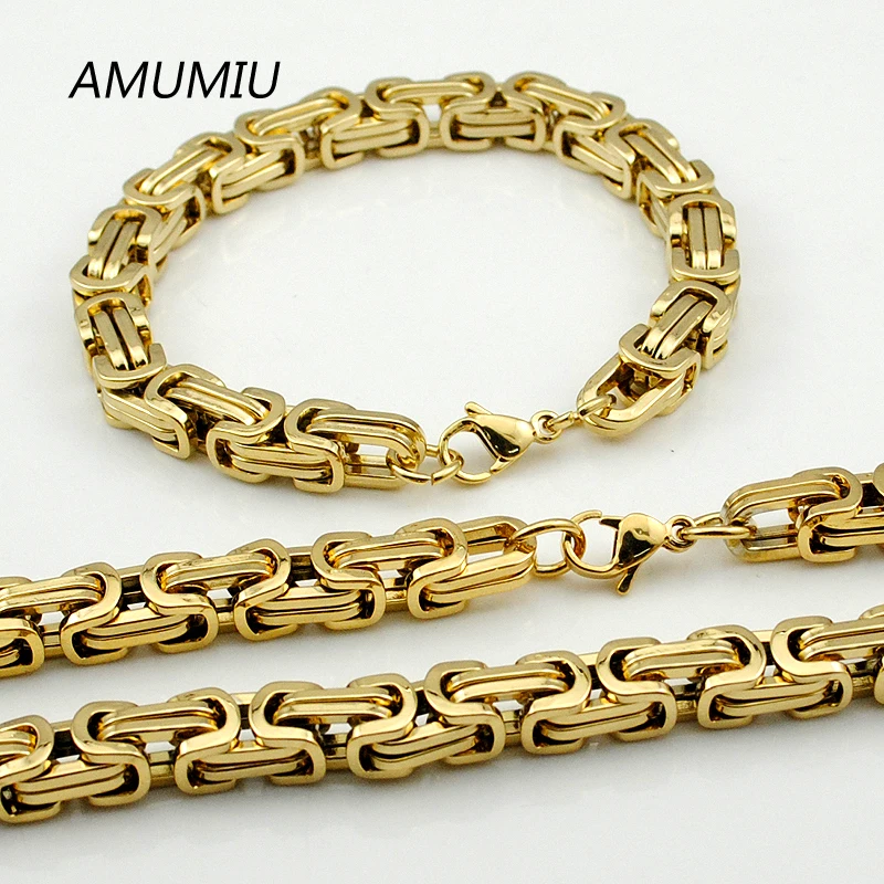 AMUMIU золотого цвета Уникальный Модный плоский византийский ожерелье/браслет (64 см