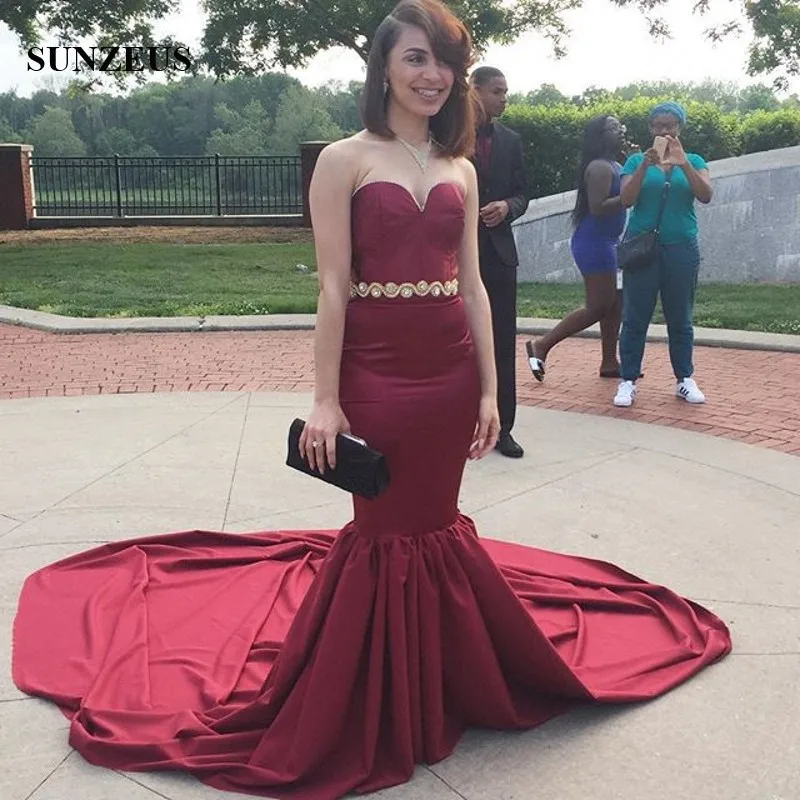 

Mermaid Burgundy Evening Dresses Sweetheart Strapless Long Train Party Dress With Beaded Sash African Women Formal Wear