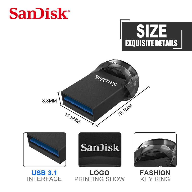 SanDisk Fit USB флеш накопитель 64 ГБ CZ430 16 Гб мини 3 1 до 130 Мб/с Флешка Высокоскоростной 0 32