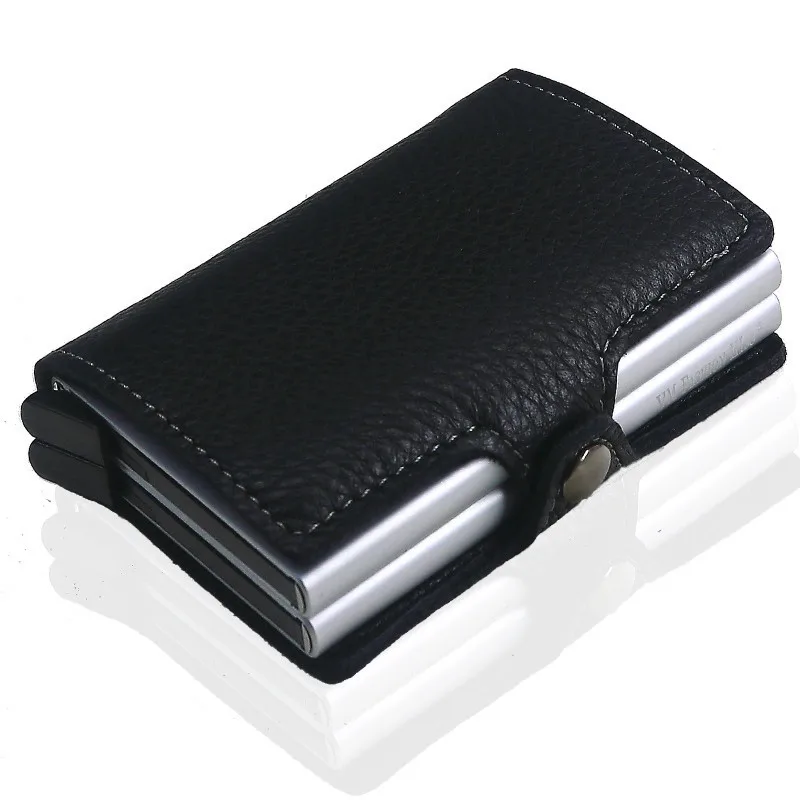 Litch Silver box VM FASHION KISS Genuine Leather Double Aluminum Box RFID Safe Card Wallet Credit Card Information Anti-theft Brush Card Holder - Цвет: Litch Silver box