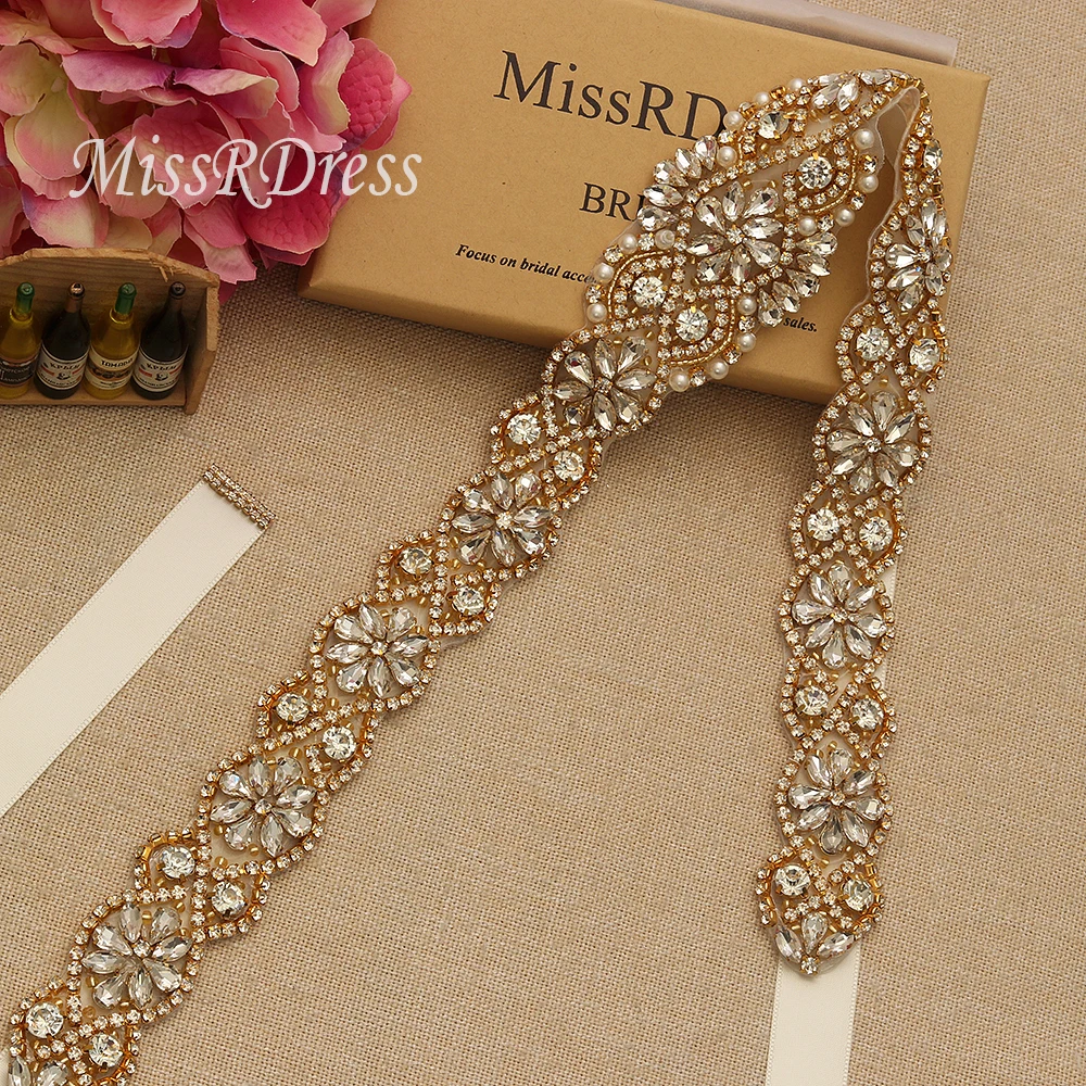 

MissRDress Rhinestones Wedding Belt Handmade Pearls Bridal Belt Gold Crystal Wedding Dress Sash For Bridal Accessories JK834
