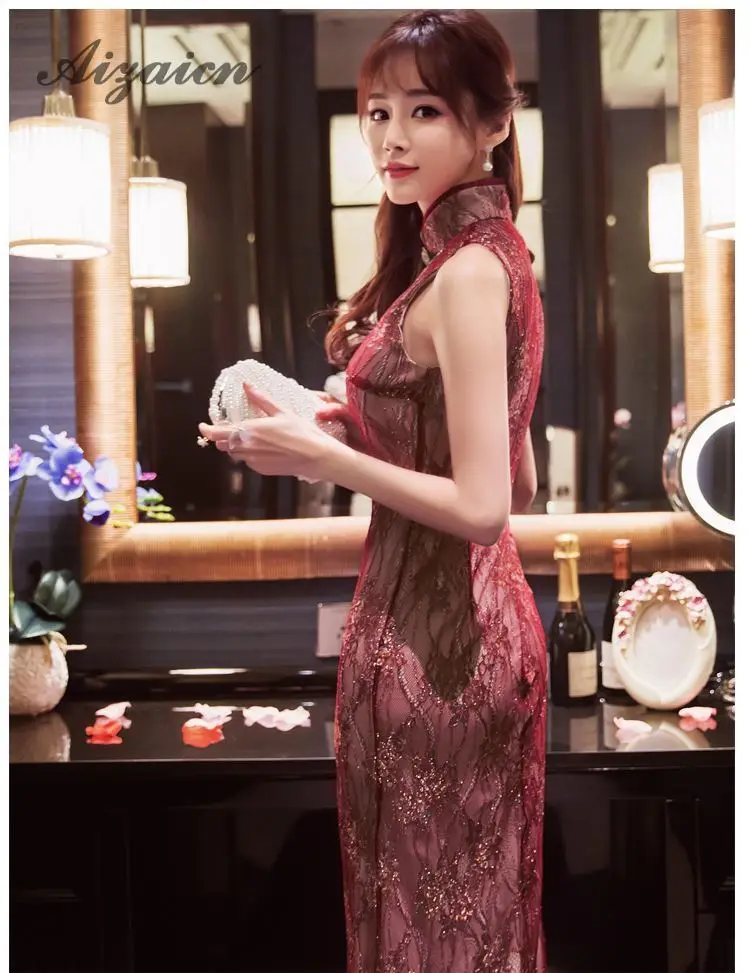 Сексуальное кружевное платье Cheongsam без рукавов, современное свадебное платье Qipao, длинное китайское официальное вечернее платье, элегантные женские восточные вечерние платья с бриллиантами