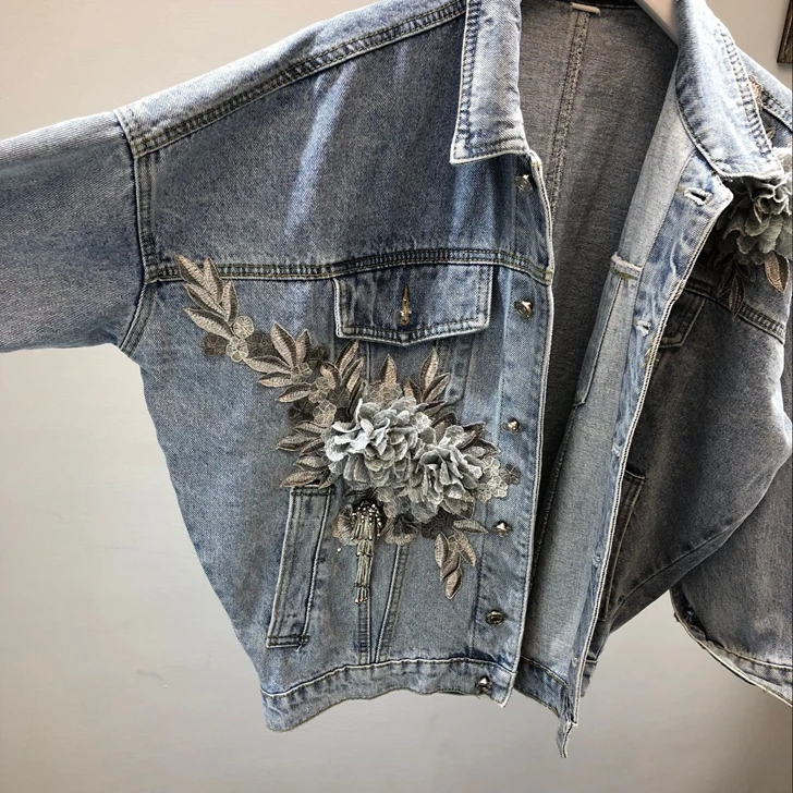 Женское джинсовое пальто Cakucool корейское свободное с вышитым бисером и