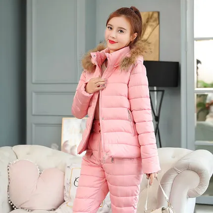Pink Женский спортивный костюм, зимняя Новинка, съемная шапка с меховым воротником, куртка и хлопковые длинные штаны, модный костюм, комплект из двух предметов H203 - Цвет: Pink