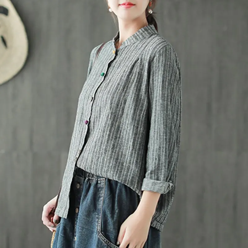 Mferlier Women Blouse Stand Collar Long Sleeve Panelled Colorful Buttons Cotton Linen Artsy Ladies Autumn Blouse