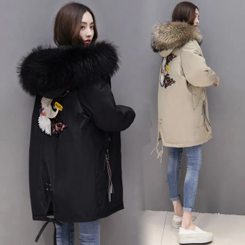 New Women Long Cotton Jacket Winter 2020 Korean Thick Large Fur Collar Embroidered Bread Clothes Cotton Coat Outwear Female