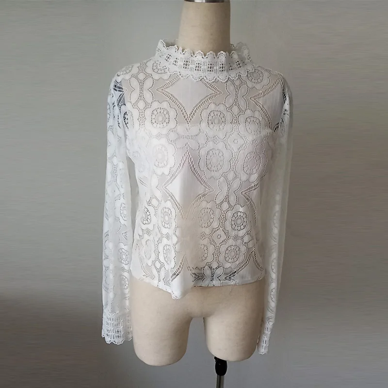 

New Fashion Women Office Crochet Lace Blouse Shirt Long-sleeved White Casual Blouses & Shirts