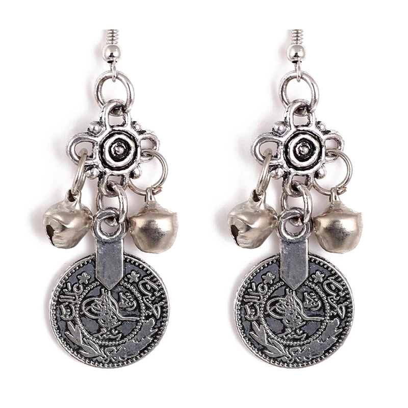 Афганский окисленное серебро Монета этнические сережки в виде капелек Jhumka Индийский Большой длинной кисточкой серьги для Для женщин Винтаж Египет ювелирные украшения в этническом стиле