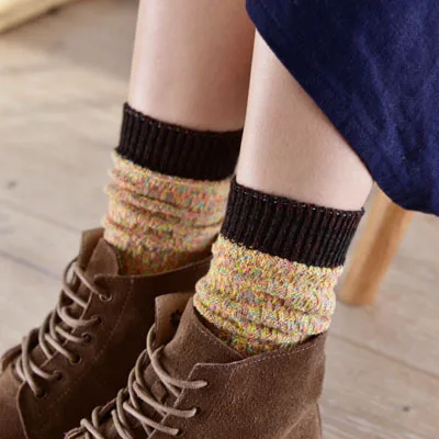 5pair/lot Anyongzu Sock Contrast Color  Fall Retro Folk Style Socks Cotton Winter Boots Female 23cm to 25cm