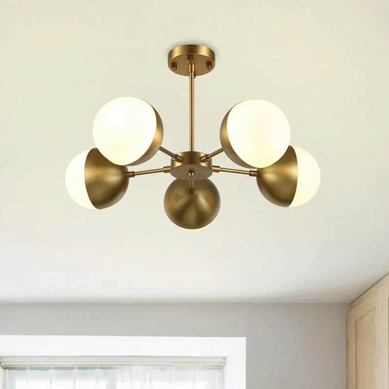 

New modern restaurant, glass ball, five full brass half chandelier, Nordic creative designer, children's room brass lighting