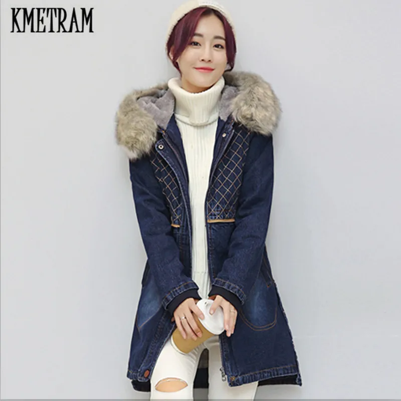 KMETRAM 2020 женская осенне зимняя куртка джинсовая тонкий большой меховой воротник