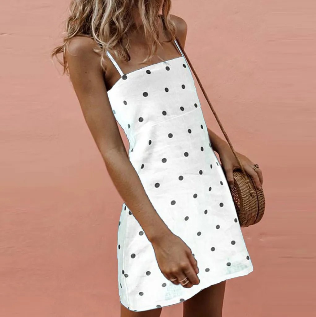 Женское повседневное платье в горошек Boho мини без рукавов лето 2019|Женские платья|
