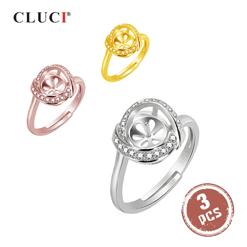 CLUCI 3 шт. 925 серебро пробы жемчуг в форме сердца кольцо Крепление для Женское Обручальное украшение Регулируемый циркон кольцо в форме сердца