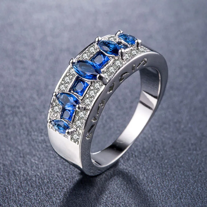 MOONROCY Silver Color CZ Rings Blue Red Purple Crystal Party Ring OL for Women Girls Dropshipping Jewlery Wholesale Gift | Украшения и