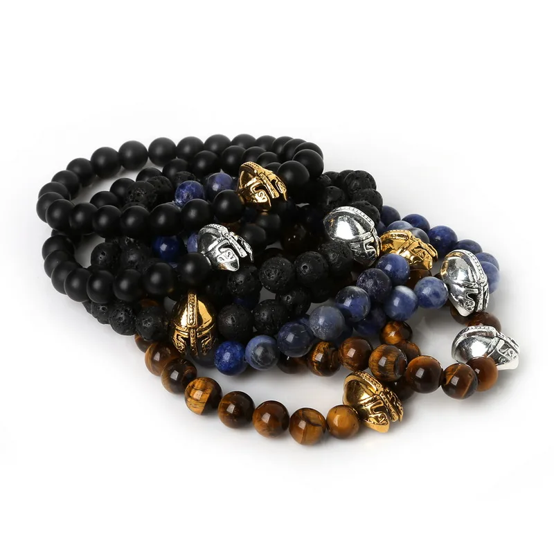 Браслет с натуральным тигровым глазом/черной лавой каменными бусинами